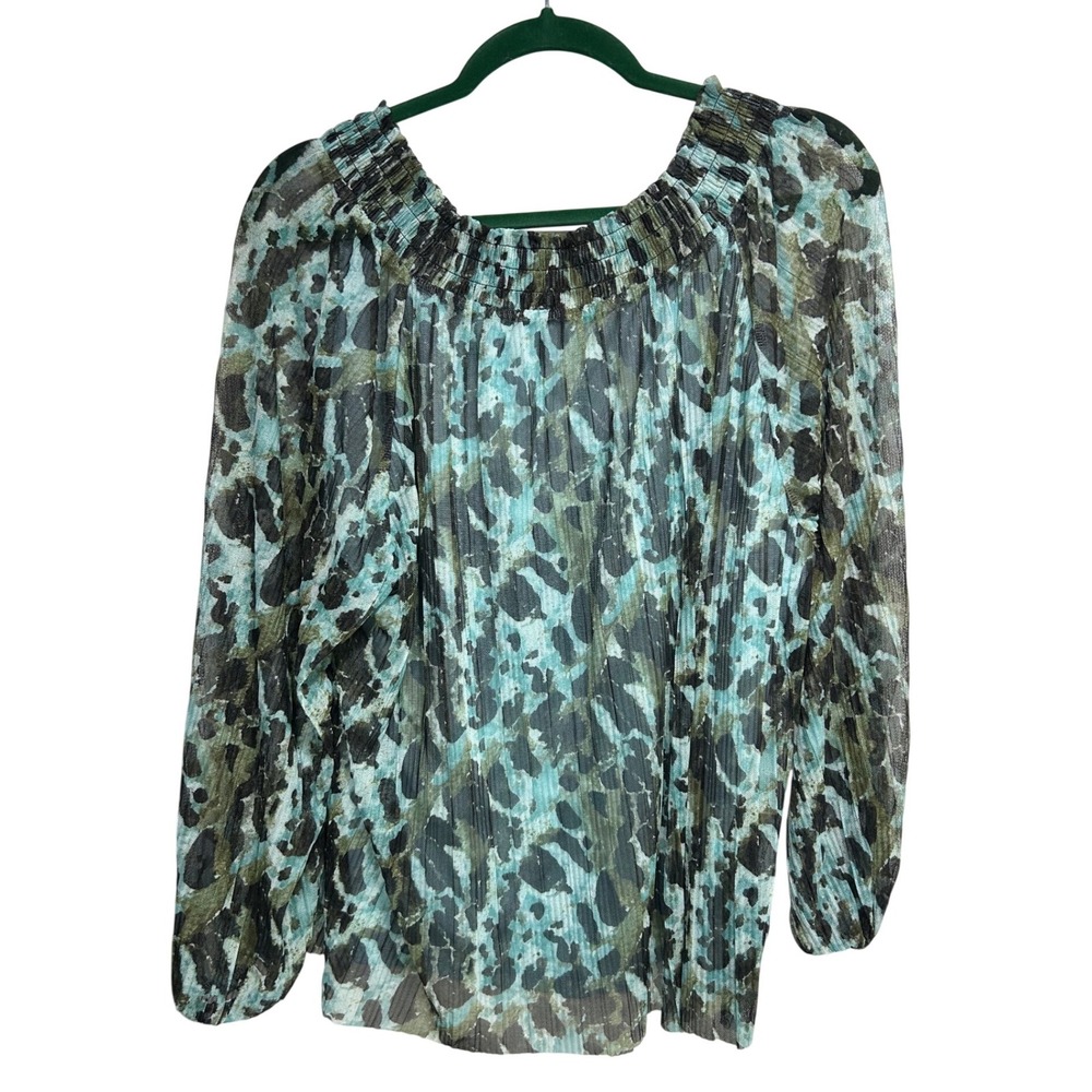Terra & Sky Womens Plus 0X 14W Teal Olive Metallic Animal Print Smocked Blouse
